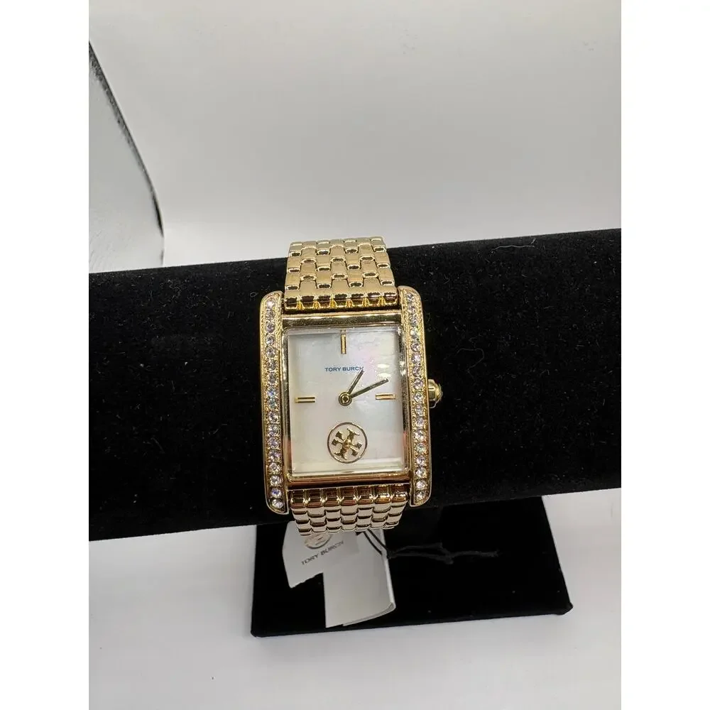 Tory Burch Women Watch Gold Crystal Bezel Mop Dial Rectangular Bracelet Nwt Gold
